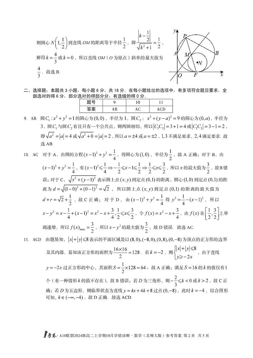 【数学(北师大版)】1号卷·A10联盟2024级高二上学期10月学情诊断数学(北师大版)答案第2页