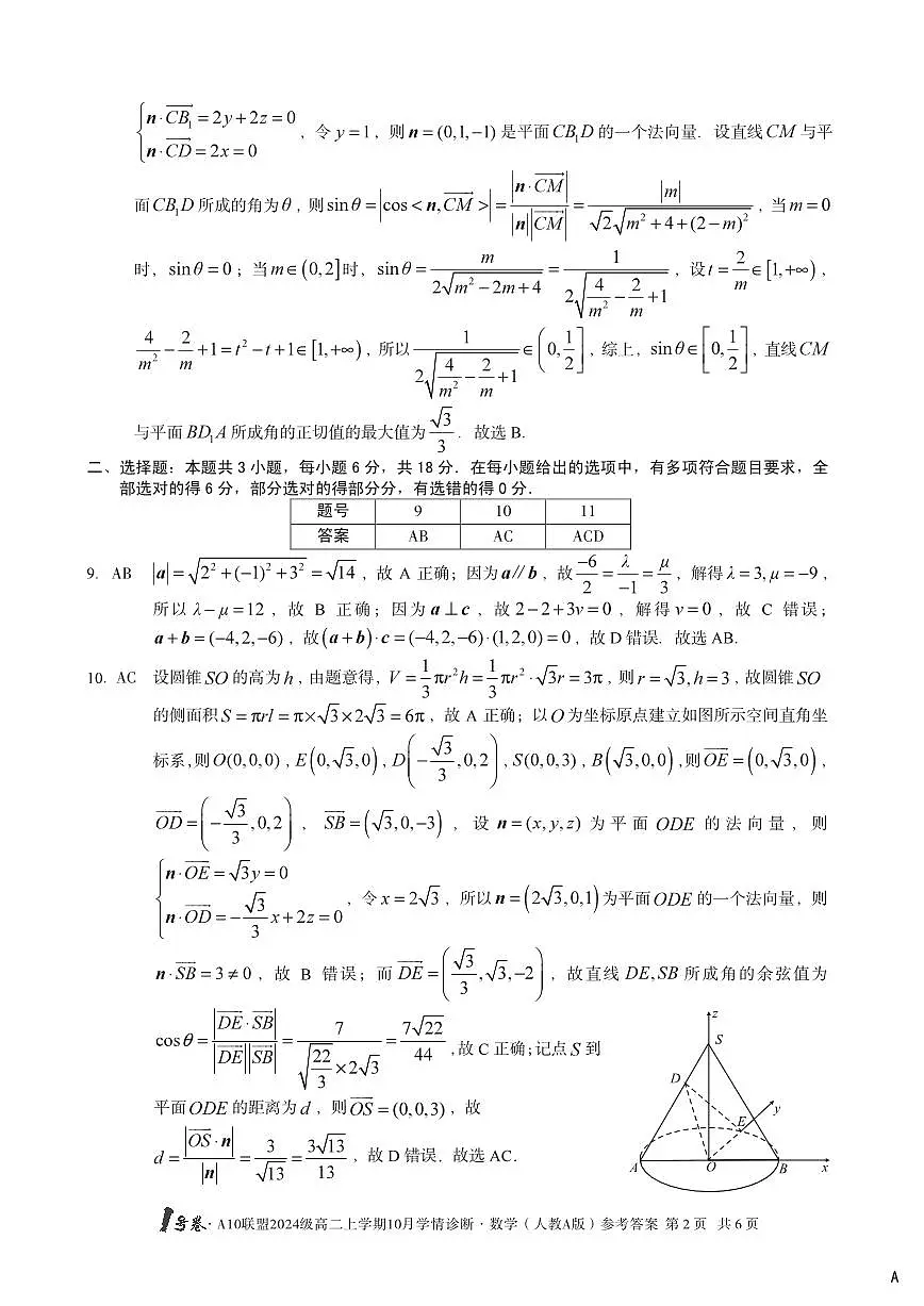 【数学(人教A版】(A卷)1号卷·A10联盟2024级高二上学期10月学情诊断数学(人教A版)答案A第2页