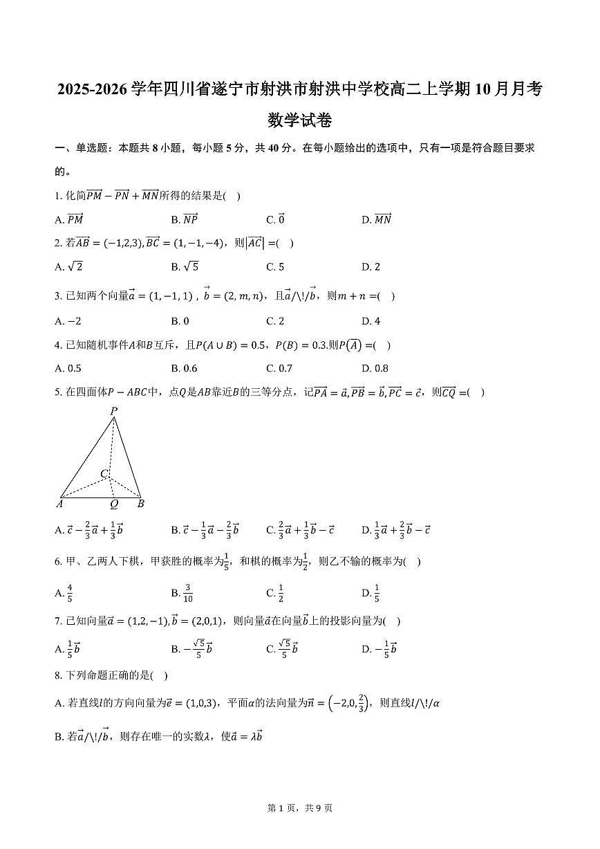 2025-2026学年四川省遂宁市射洪市射洪中学校高二上学期10月月考数学试卷(含答案)第1页
