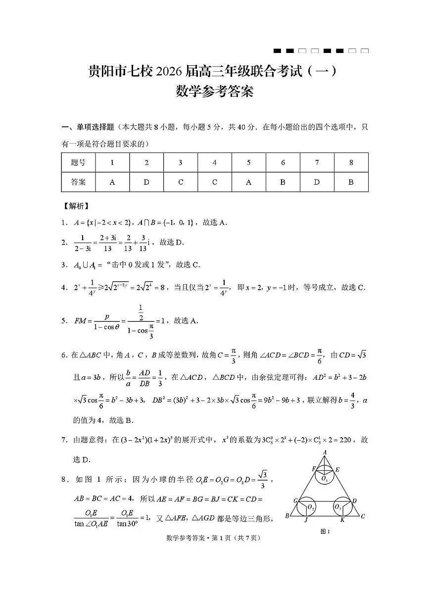 贵阳市七校2026届高三年级联合考试(一)数学-答案第1页