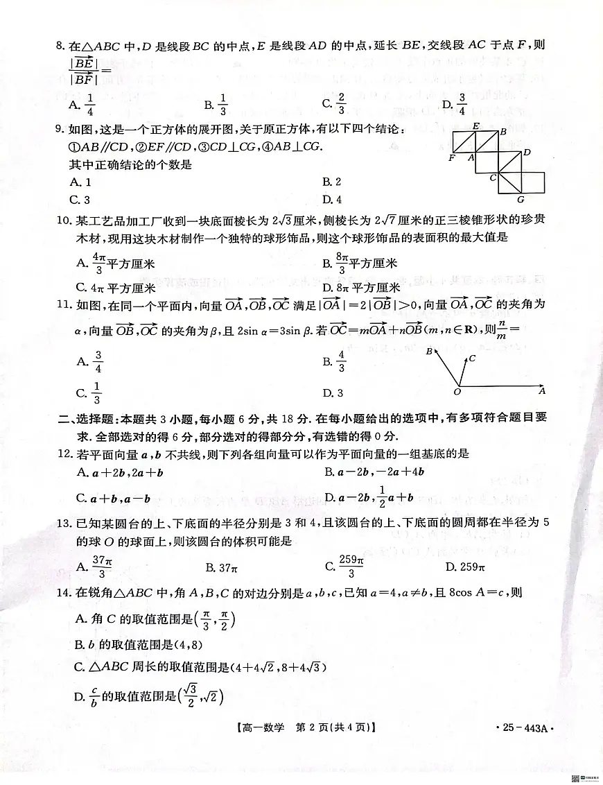 河北省邢台市质检联盟2024-2025学年高一下学期期中考试数学试卷+答案第2页
