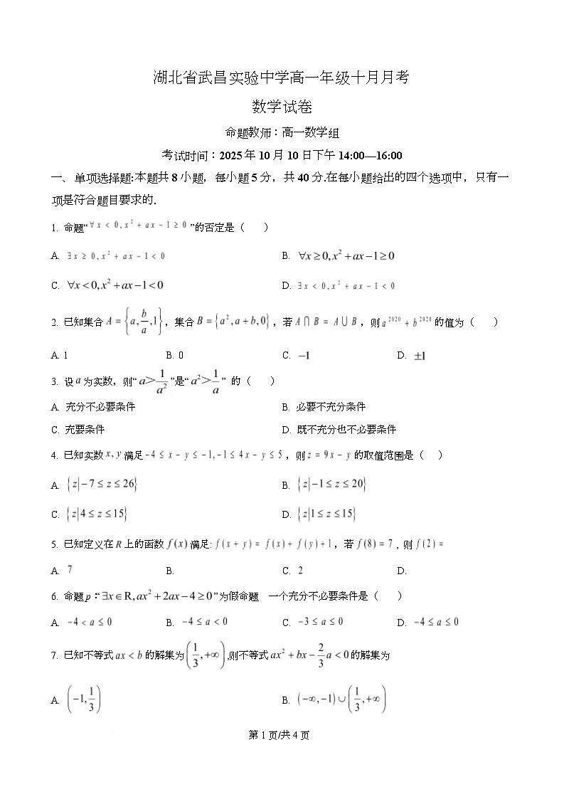 湖北省武昌实验中学2025-2026学年高一上学期十月月考数学试卷(原卷版)第1页