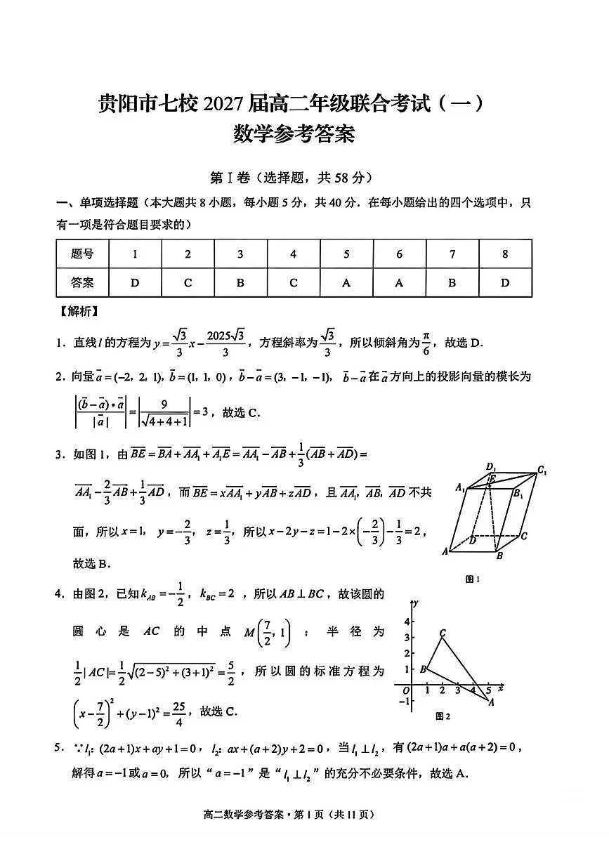贵州省贵阳市七校2025-2026学年高二上学期联合考试(一)数学试题参考答案第1页