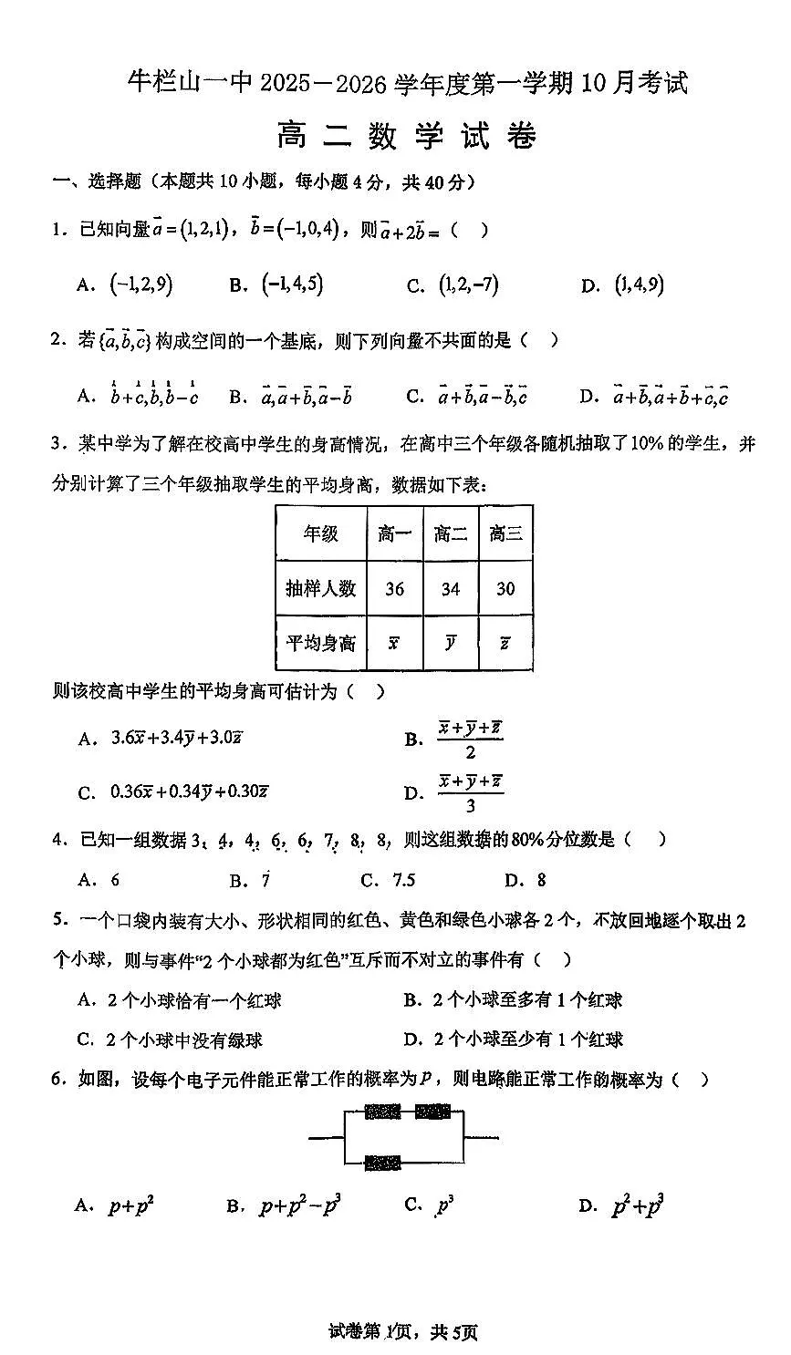 2025北京牛栏山一中高二上上10月月考数学试卷 无答案第1页