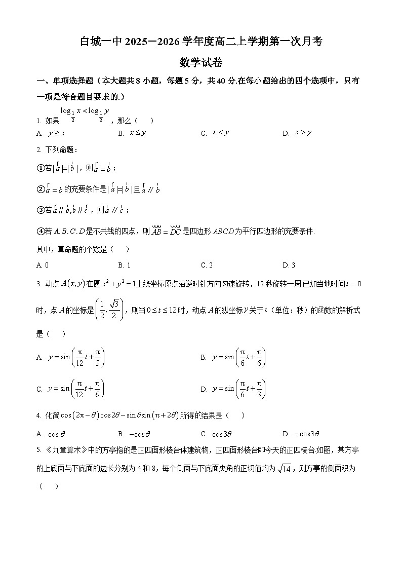 吉林省白城市第一中学2025-2026学年高二上学期10月月考数学试题(原卷版)第1页