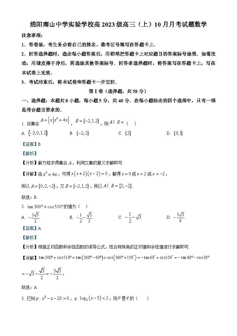 四川省绵阳市南山中学实验学校2026届高三上学期10月月考数学试题 Word版含解析第1页