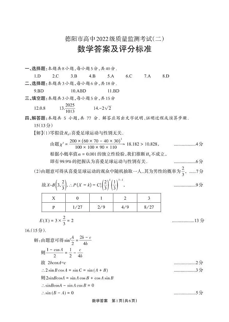 数学试卷答案 【四川卷】四川省德阳市高中2022级(2025届)高三质量监测考试(二)(德阳二诊)(2.21-2.23)第1页