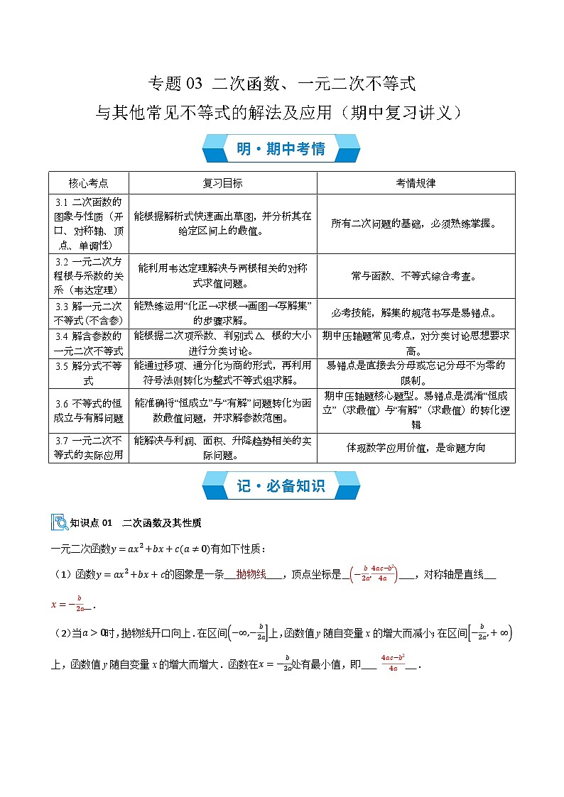 专题03 二次函数、一元二次不等式与其他常见不等式的解法及应用(期中复习讲义)(解析版)高一数学上学期人教A版第1页