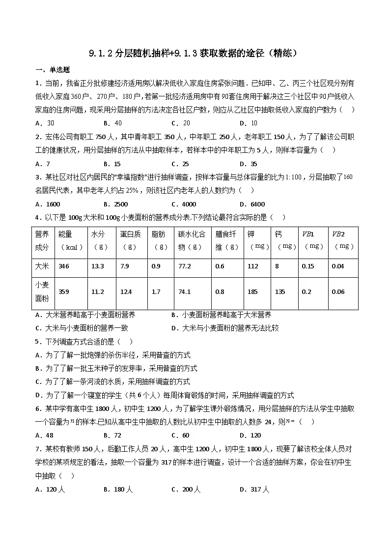(人教A版)必修第二册高一数学下学期同步精讲精练9.1.2 分层随机抽样+9.1.3 获取数据的途径(精练)(原卷版)第1页
