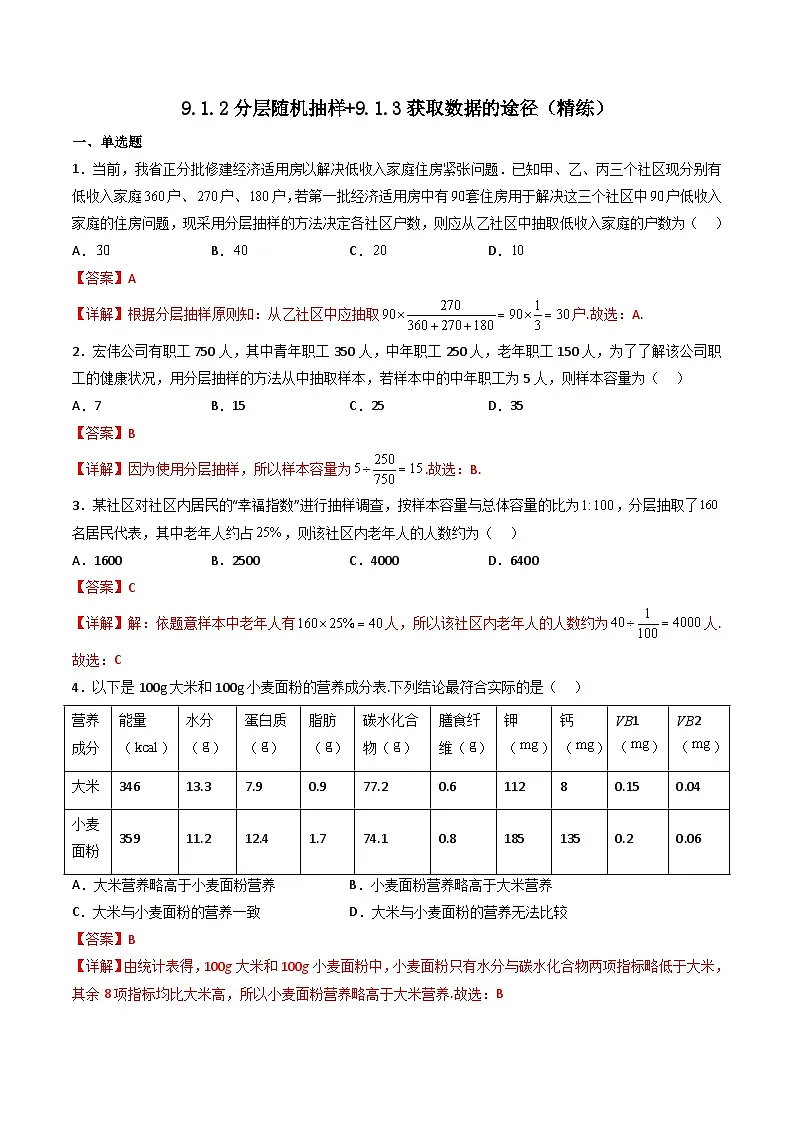 (人教A版)必修第二册高一数学下学期同步精讲精练9.1.2 分层随机抽样+9.1.3 获取数据的途径(精练)(解析版)第1页