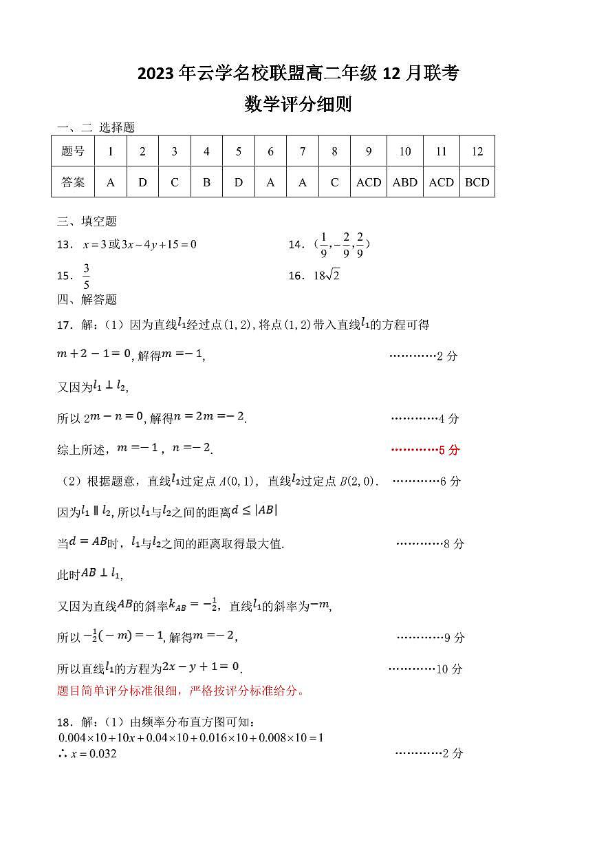 湖北省2023年云学名校联盟高二年级12月联考 数学答案试卷第1页