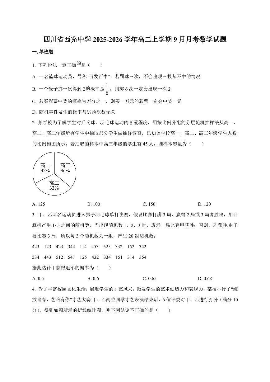 四川省西充中学2025~2026学年高二上册9月月考数学试卷(附解析)第1页