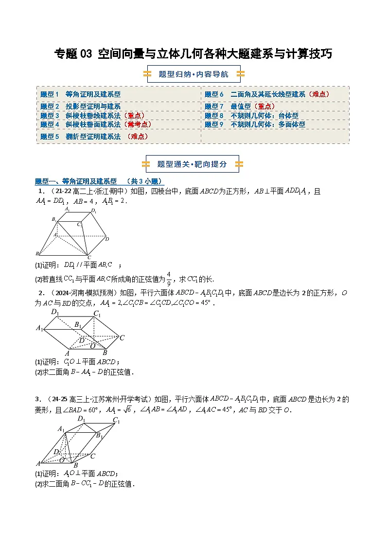 专题03 空间向量与立体几何各种大题建系与计算技巧9题型(期中专项训练)(原卷版)高二数学上学期人教版A第1页