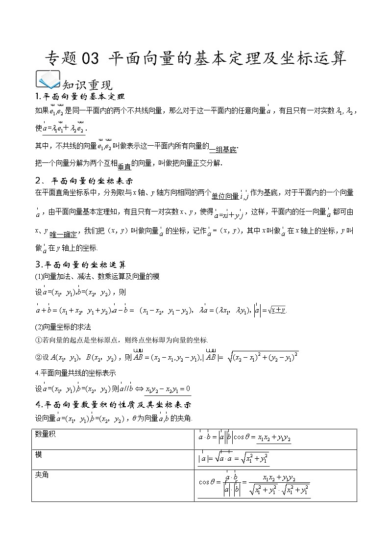 (人教A版)必修第二册高一数学下学期期末考点题型练习专题03 平面向量的基本定理及坐标运算(原卷版)第1页