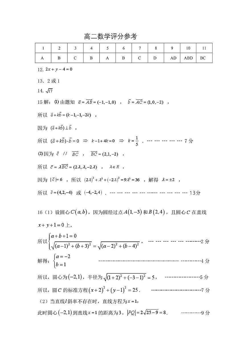 内蒙古呼和浩特赛罕区高二数学期中考试试卷 高二(上)数学参考答案第1页