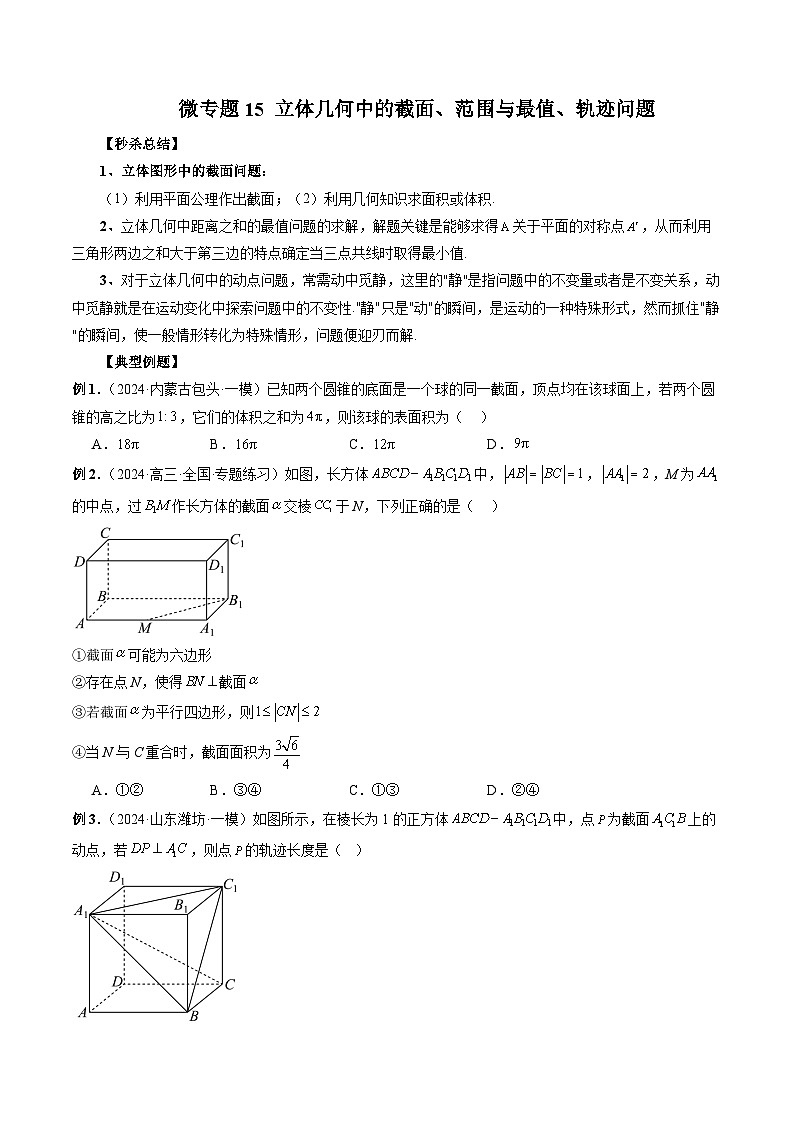 微专题15 立体几何中的截面、范围与最值、轨迹问题 (原卷版)第1页