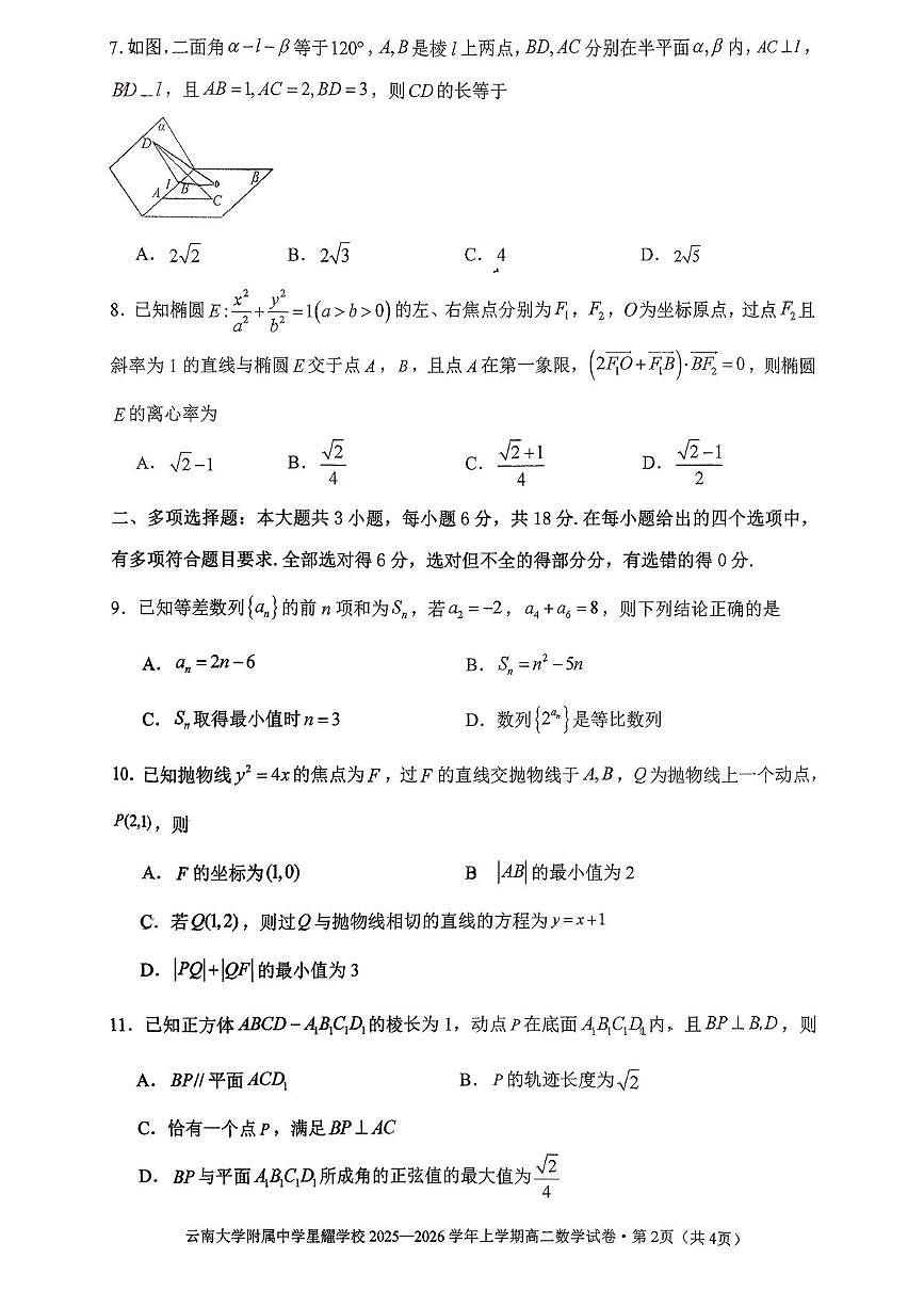 云南省云南大学附属中学星耀学校2025-2026学年高二上学期第五次阶段性练习数学试卷(月考)第2页