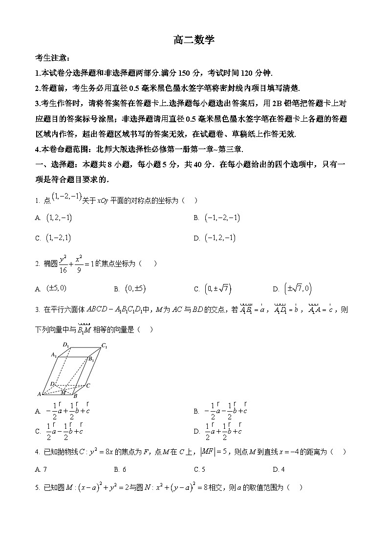 湖北襄阳部分学校2025-2026学年高二上学期12月质量检测数学试卷(原卷版)第1页