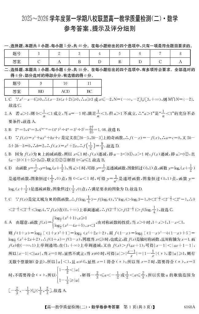 广东省八校联盟2025-2026学年高一上学期12月联考数学答案第1页