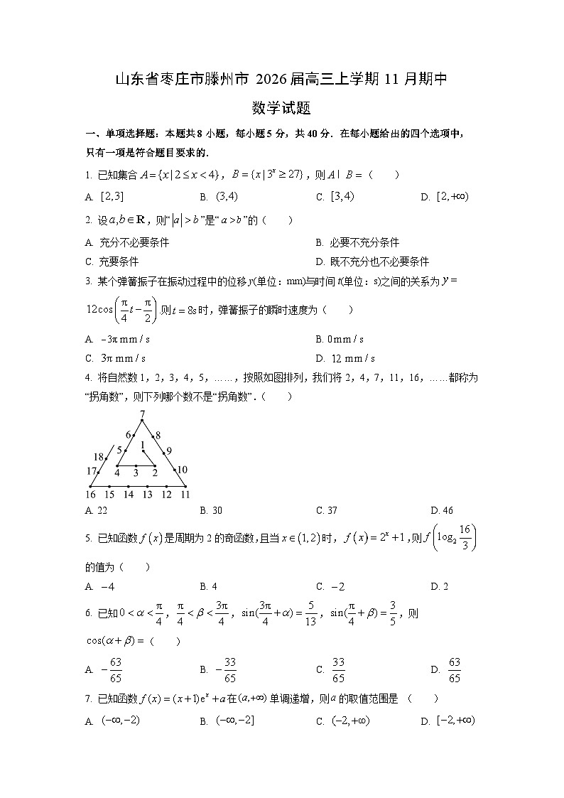 山东省枣庄市滕州市2026届高三上学期11月期中数学试卷(学生版)第1页