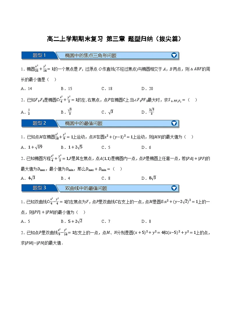 (人教A版)选择性必修二高二数学上学期期末复习 第三章 圆锥曲线的方程 题型归纳+随堂检测(拔尖篇)(原卷版)第1页