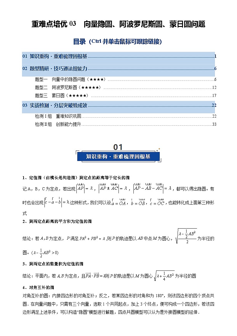 重难点培优03 向量隐圆、阿波罗尼斯圆、蒙日圆问题(复习讲义)(全国通用)2026年高考数学一轮复习讲练测(解析版)-A4第1页