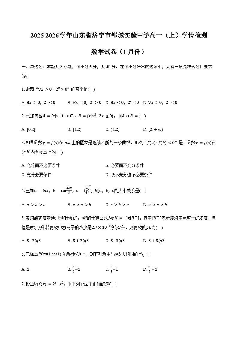 2025-2026学年山东省济宁市邹城实验中学高一(上)学情检测数学试卷(1月份)(含答案)第1页