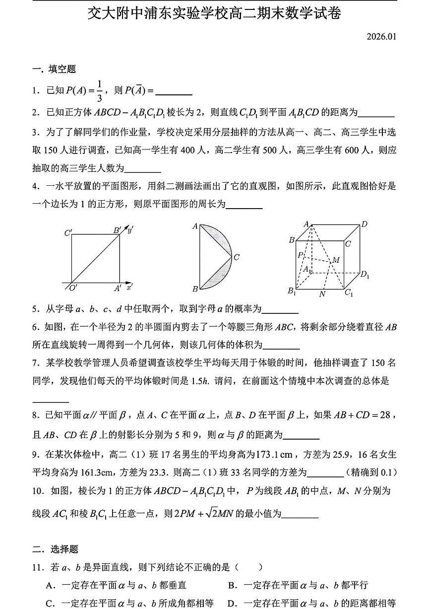 上海市浦东新区上海交通大学附属中学浦东实验高中2025-2026学年高二上学期期末考试数学试卷第1页