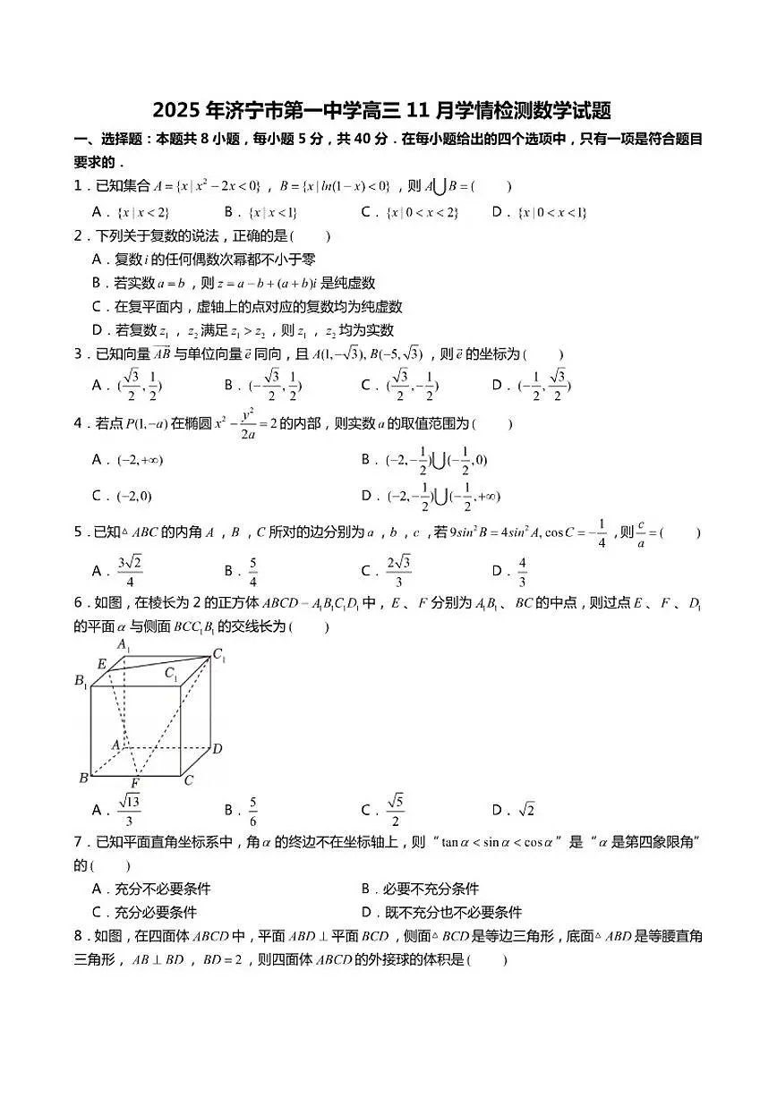山东省济宁市第一中学2025-2026学年高三上学期11月学情检测数学试题(含答案)第1页