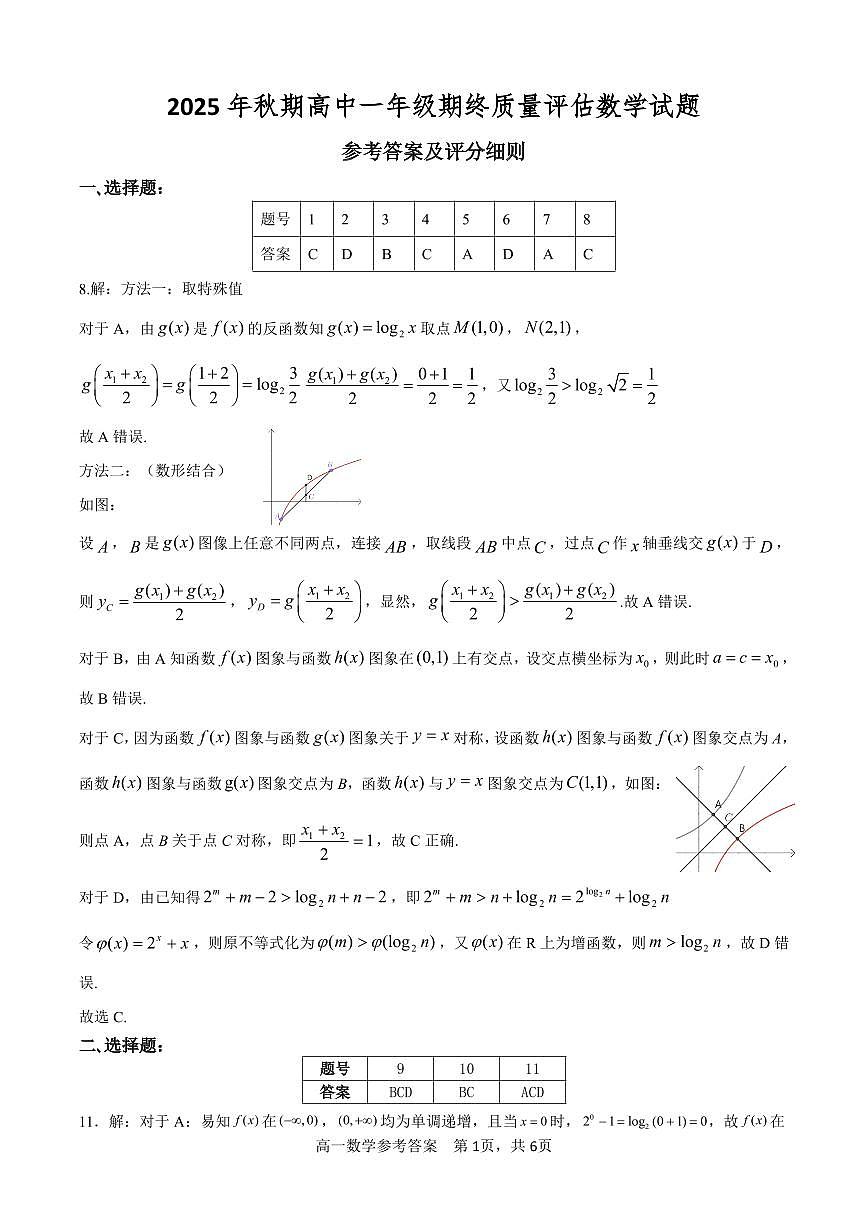 2025年秋期高中一年级期终质量评估数学试题参考答案第1页