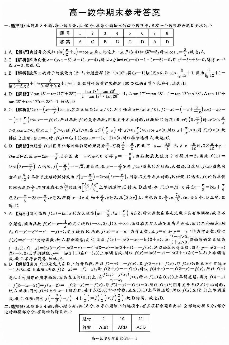 湖南长郡中学2025-2026学年高一上学期期末数学答案第1页