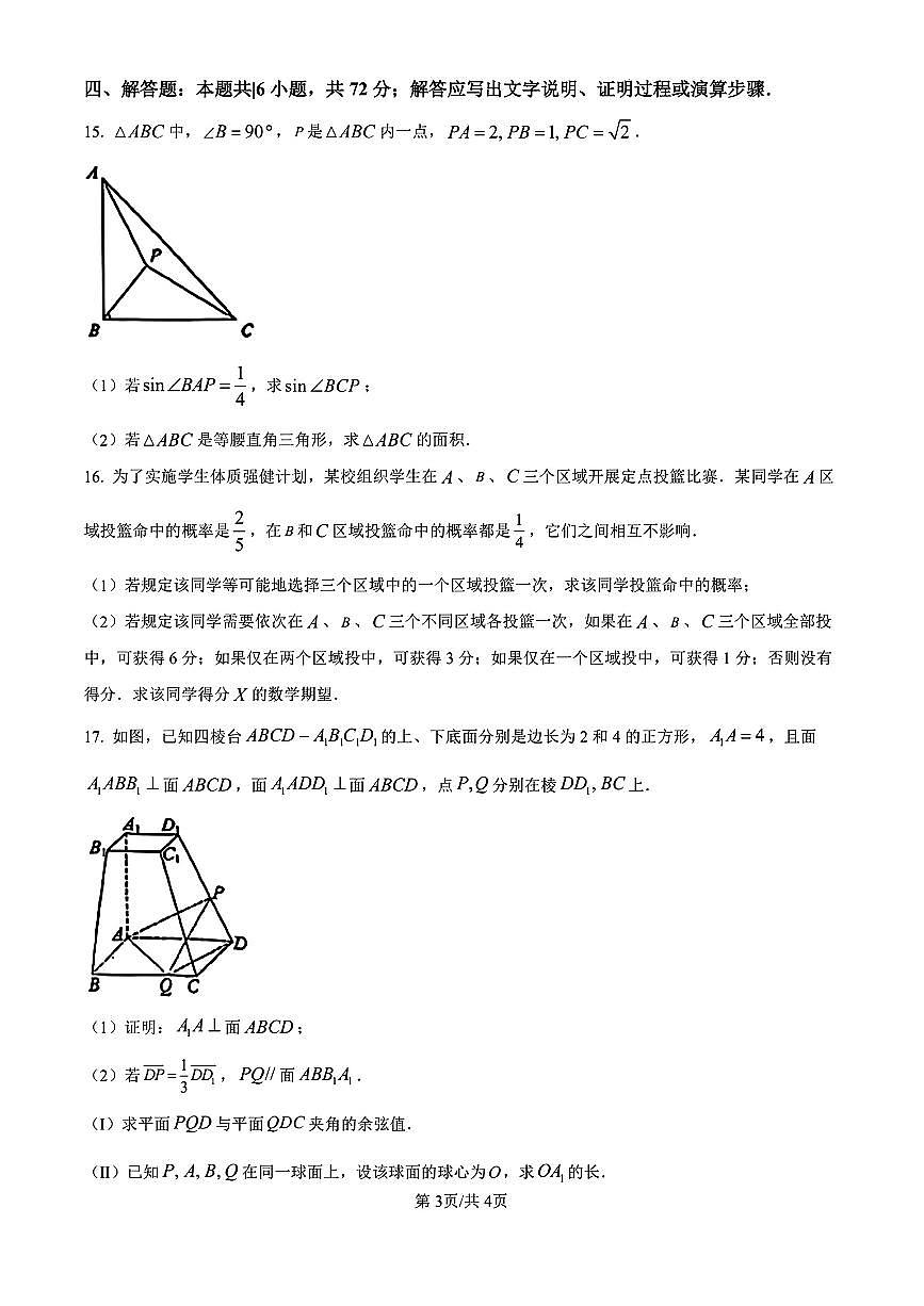 湖北省武汉市江岸区2026届高三元月调研考试数学试卷及答案第3页
