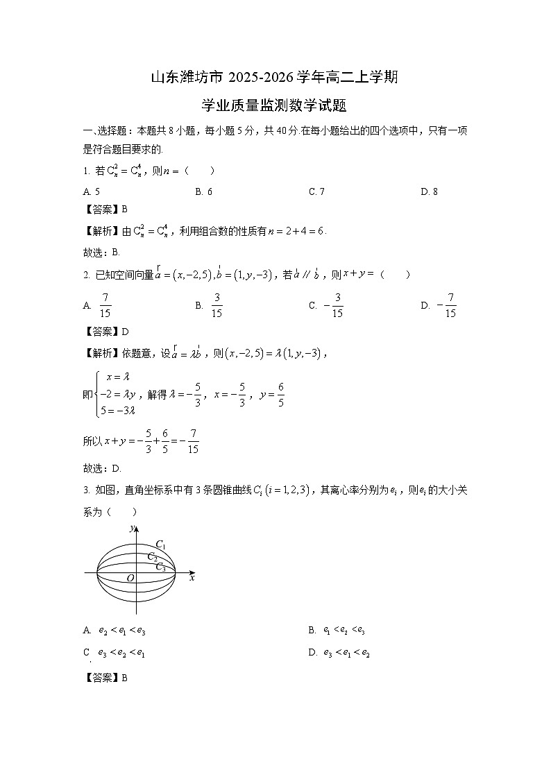 【数学】山东潍坊市2025-2026学年高二上学期学业质量监测试题(解析版)第1页
