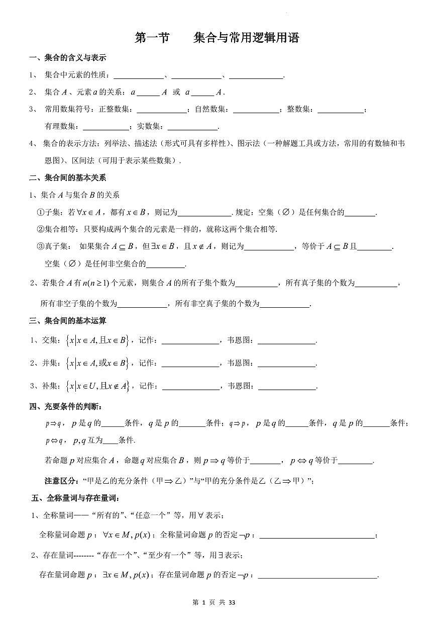 高考数学考前-数学必填的知识点总结清单(共33页)第1页