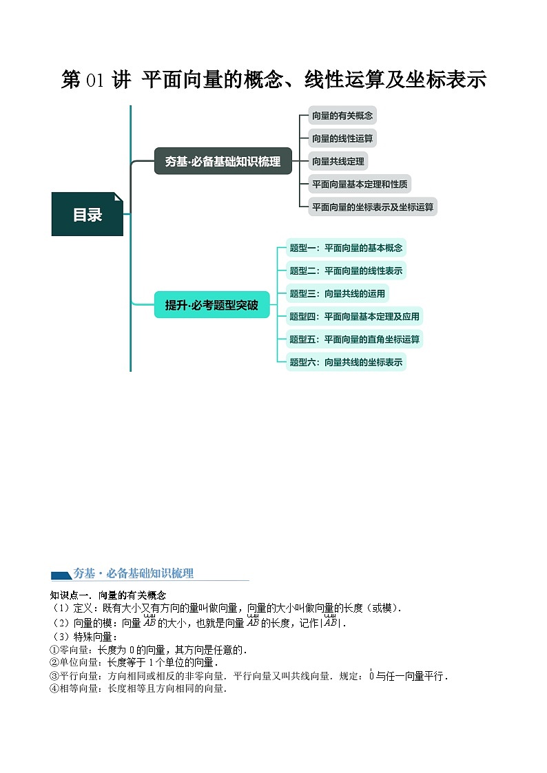 (辅导班)2027年高考数学一轮复习精讲精练 第4章 第01讲 平面向量的概念、线性运算及坐标表示 讲义+随堂检测(原卷版)第1页