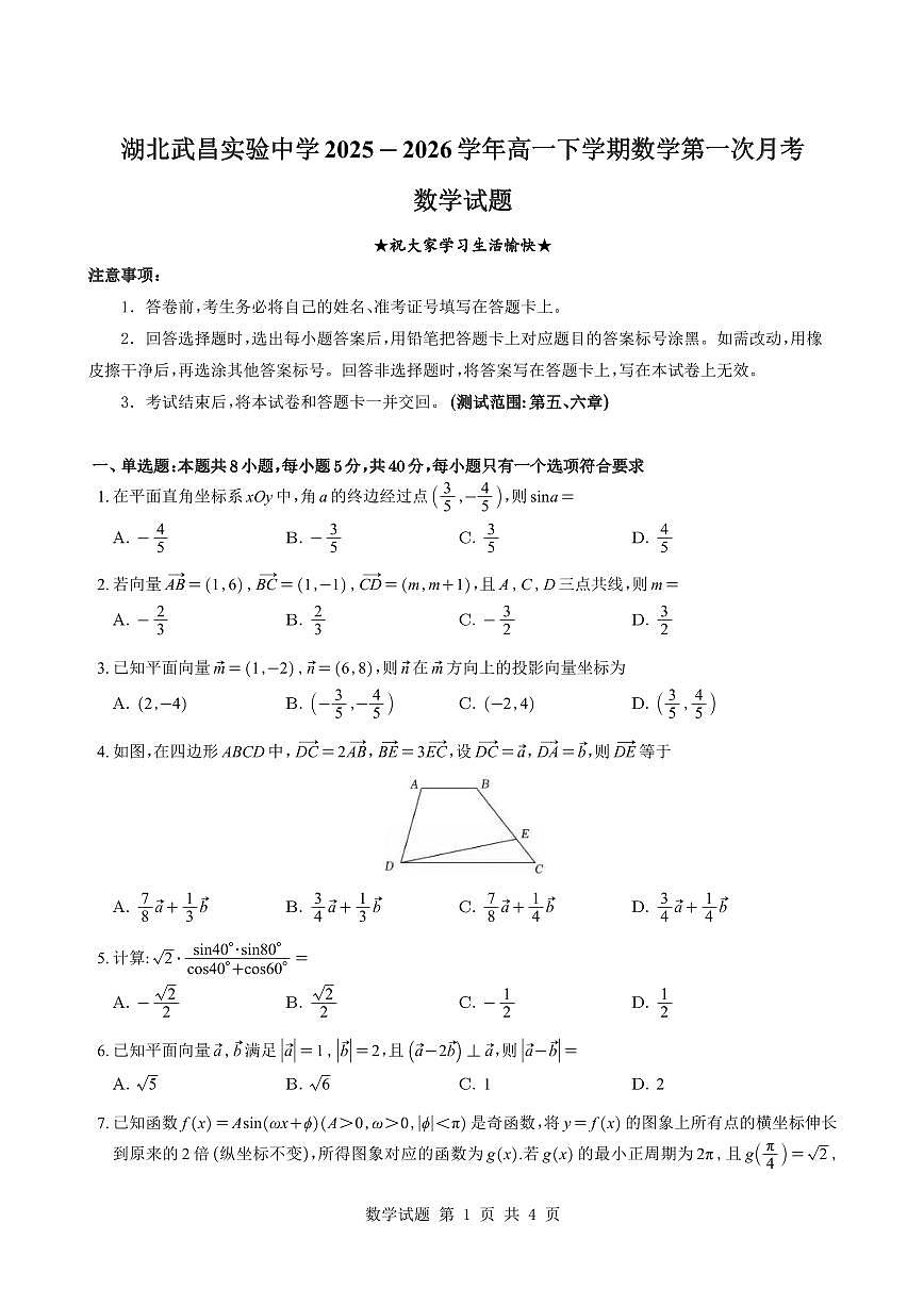 湖北武昌实验中学2025-2026学年高一下学期数学第一次月考模拟试题与解析第1页