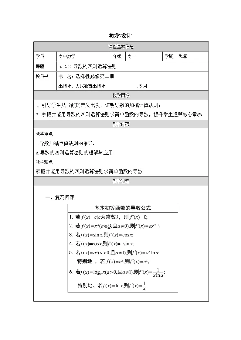 人教版 高中数学 选修第二册5.2.2导数的四则运算法则 表格式教案第1页
