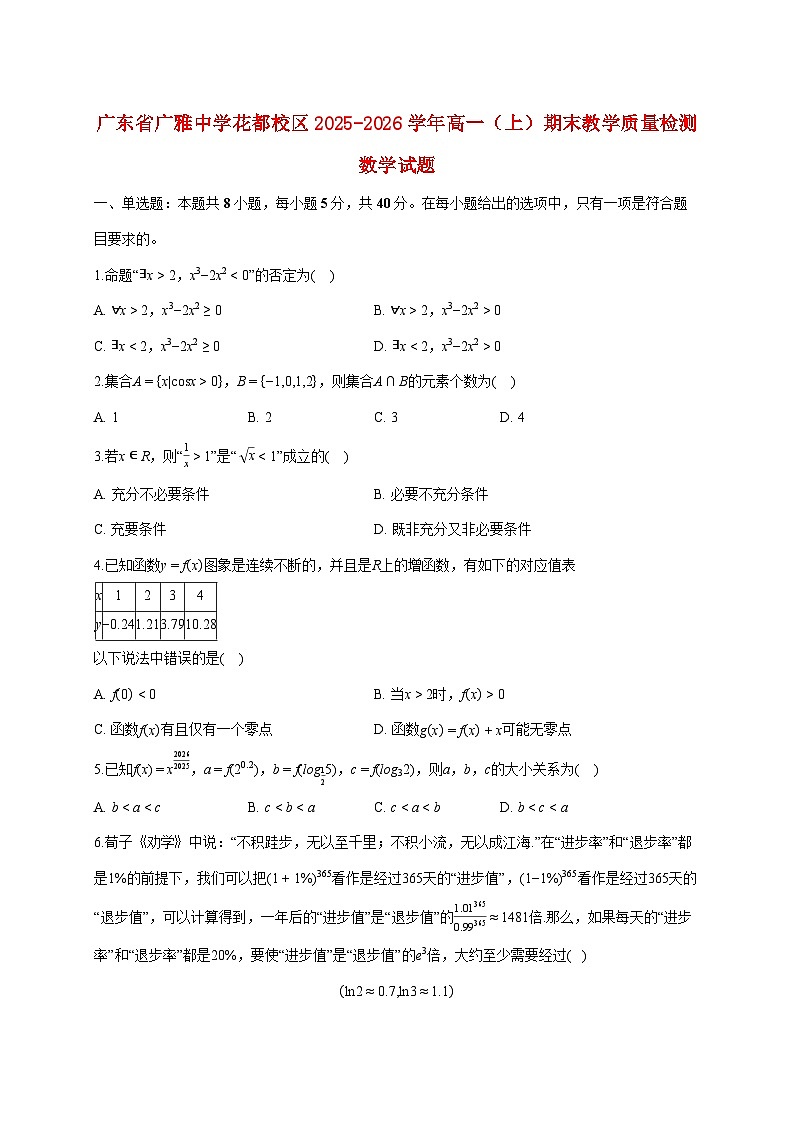 广东省广雅中学花都校区2025_2026学年高一上册期末教学质量检测数学试题(含答案)第1页