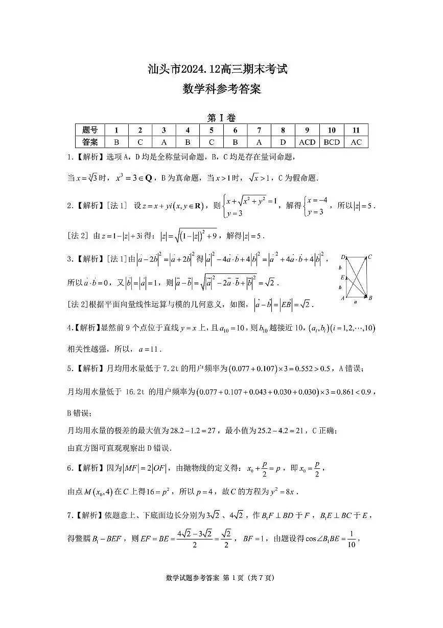 2025年12月汕头市高三期末统测数学参考答案第1页