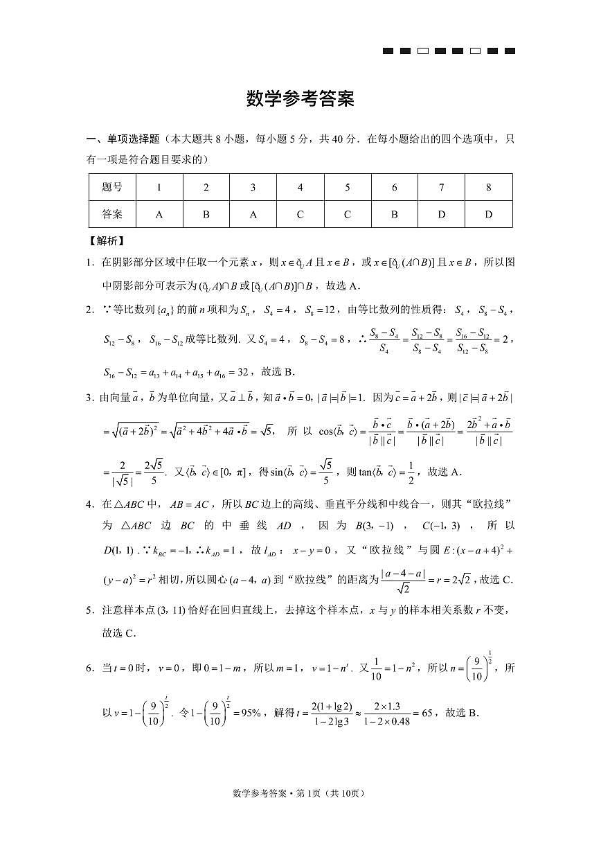 重庆市第八中学2026届高考适应性月考卷(六)数学答案第1页