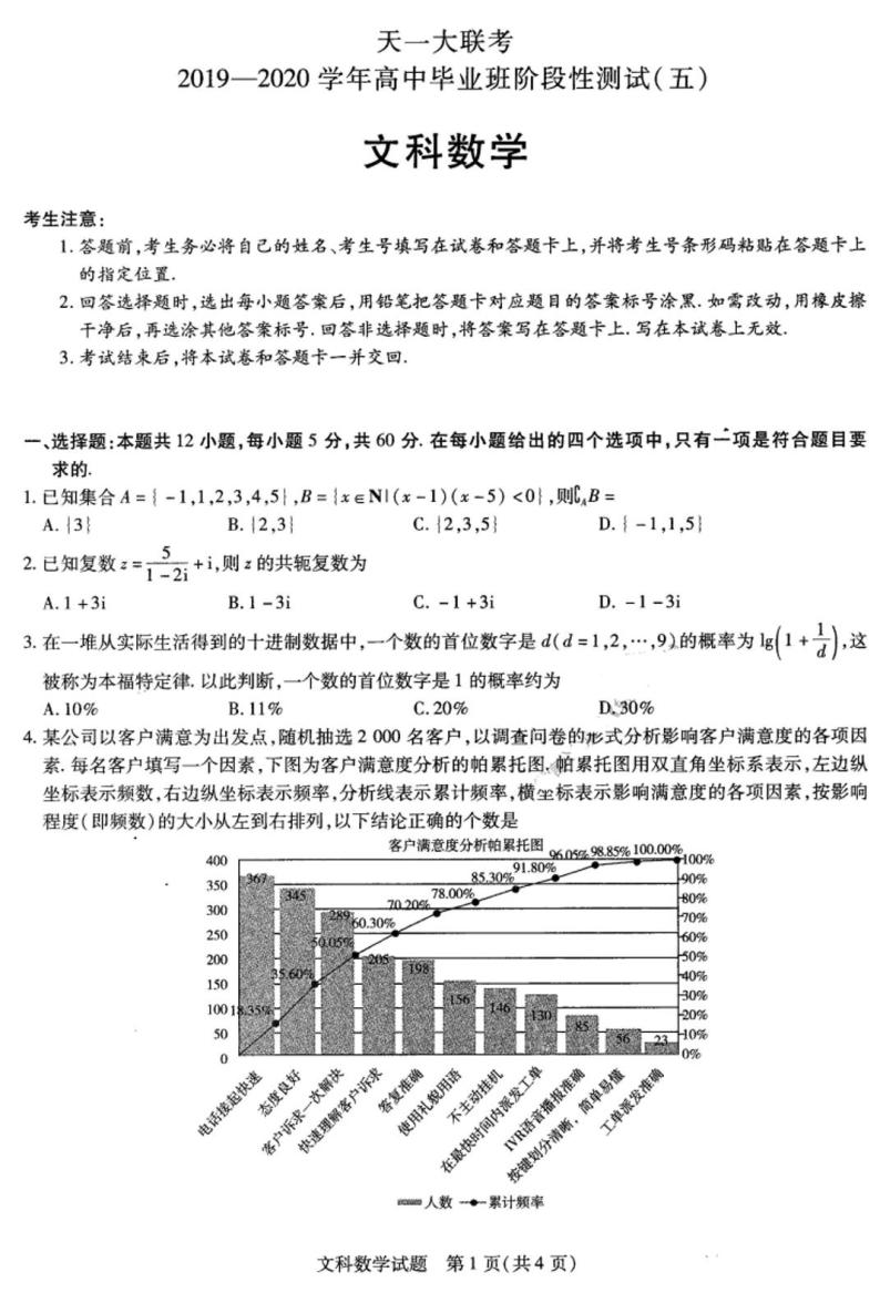 【文数】2020天一大联考测试五01