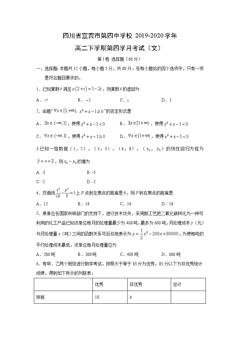 【數(shù)學(xué)】四川省雅安中學(xué)2019-2020學(xué)年高二6月月考(期中)(文)第1頁
