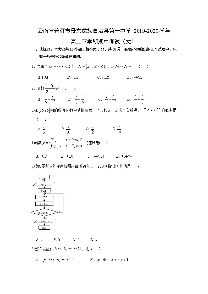 【数学】云南省普洱市景东彝族自治县第一中学2019-2020学年高二下学期期中考试(文)01