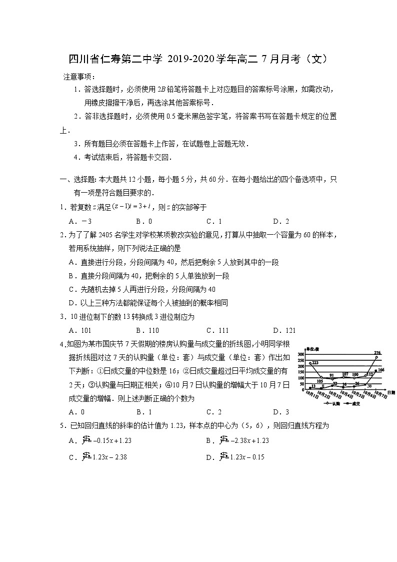 【数学】四川省仁寿县文宫中学2019-2020学年高二7月月考(期末模拟)(理) 试卷01