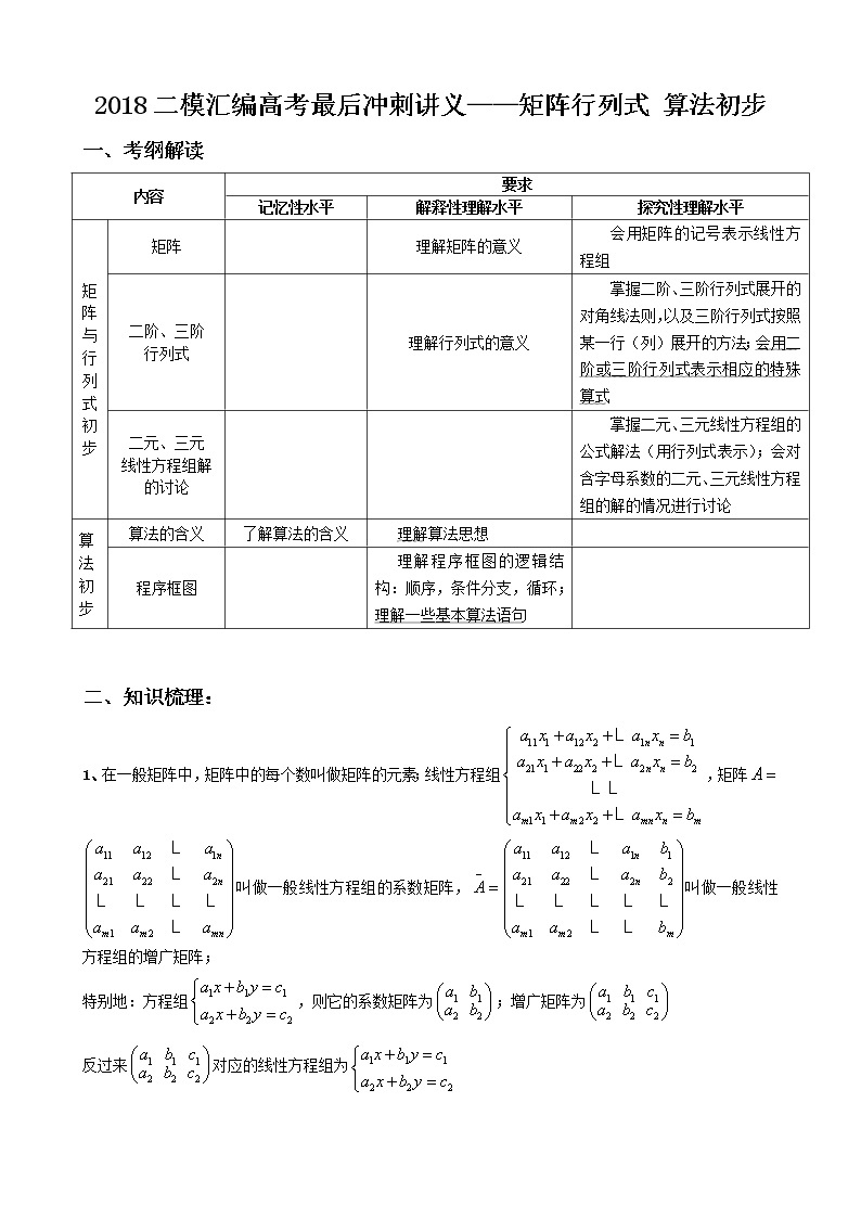 2019届二轮复习矩阵行列式＆算法初步学案（全国通用）01