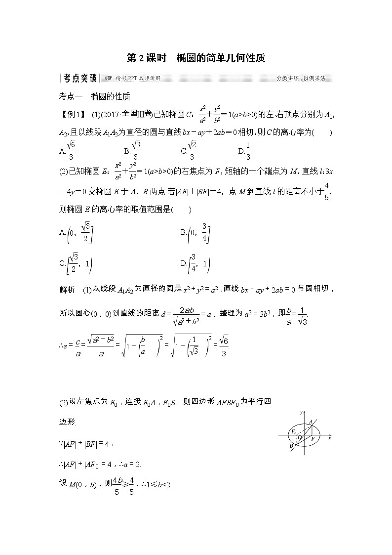 2019届二轮复习第九章第2课时 椭圆的简单几何性质学案(全国通用)第1页