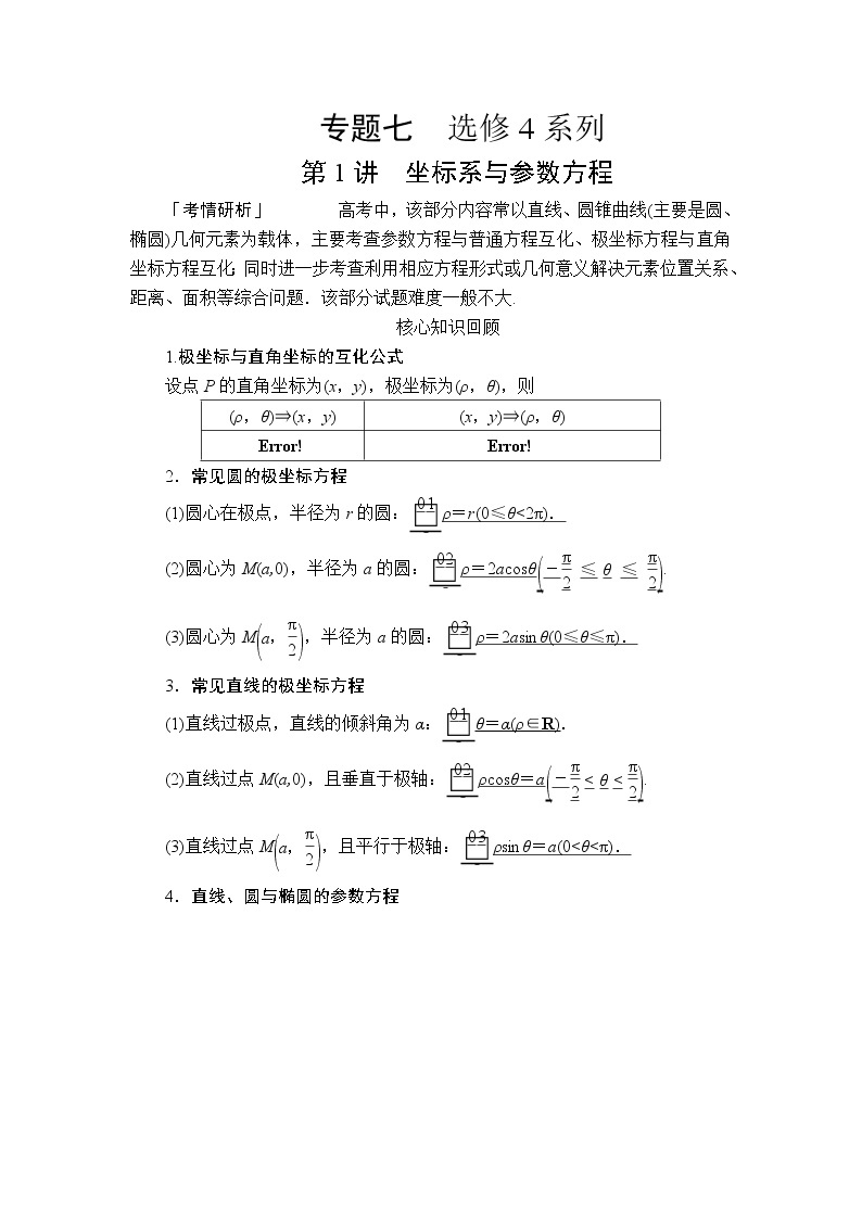 2020届二轮复习（理）专题七第1讲坐标系与参数方程学案01