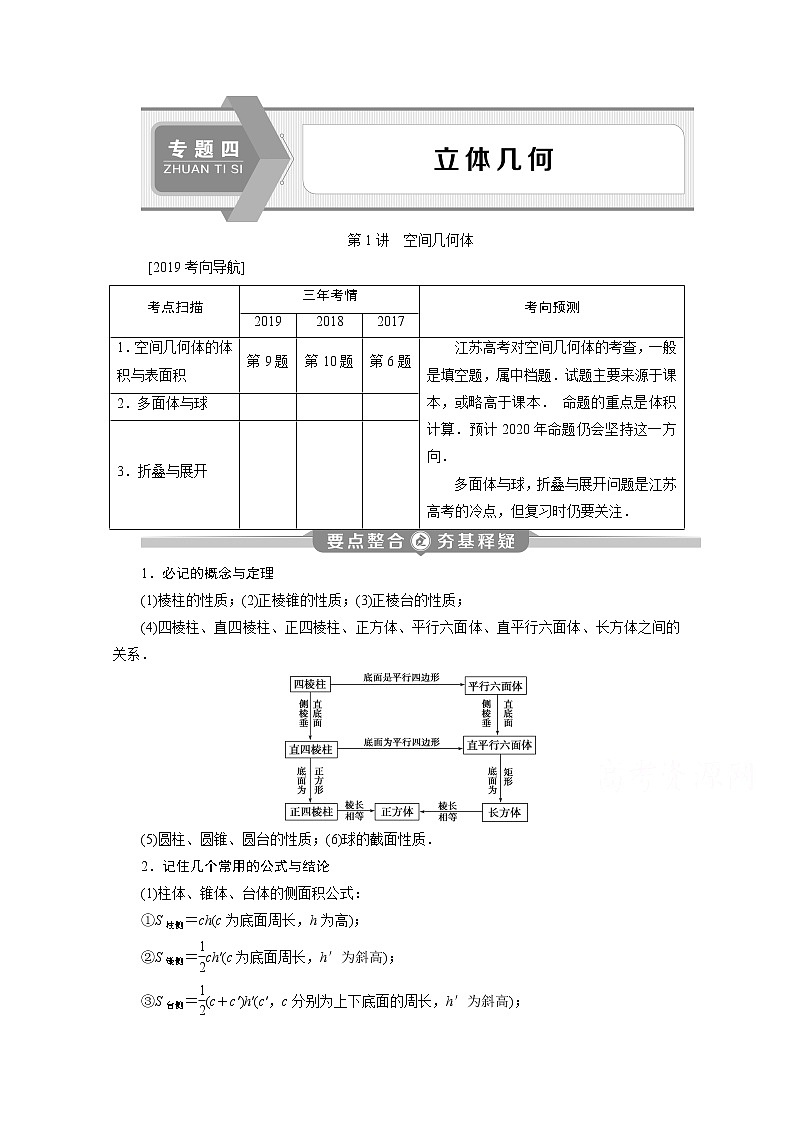 2020江苏高考理科数学二轮讲义:专题四第1讲 空间几何体01
