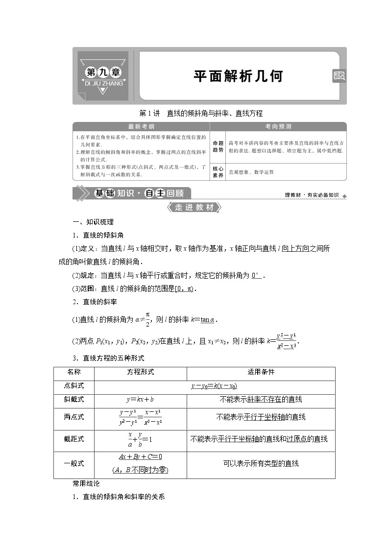 2021版高考文科数学（人教A版）一轮复习教师用书：第九章　第1讲　直线的倾斜角与斜率、直线方程01