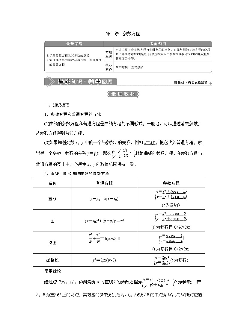 2021版高考文科数学(北师大版)一轮复习教师用书:选修4-4 第2讲 参数方程01